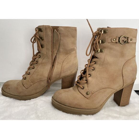G by Guess Tan/Brown Lace up Zip Combat High Chunk Heel Women's Boots Size 9 - Picture 2 of 10